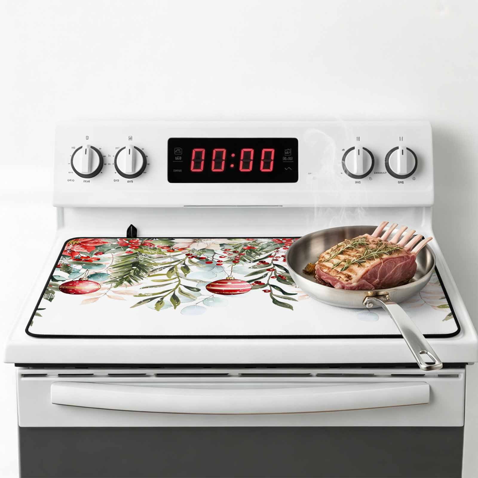 Christmas Snowflakes Stove Top Cover for Electric Stove, Heat-proof & Non Slip Glass Top Stove Cover Protector, Winter Poinsettia Xmas Balls Floral Leaf Kitchen Flat Cooktop Rubber Mat 24x21 Inches