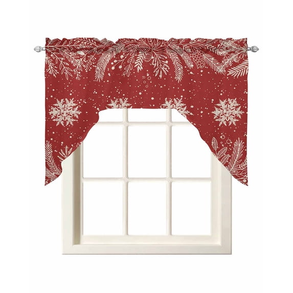 Christmas Snowflakes Swag Valances for Windows, Small Curtains Drapes, Winter Xmas Pine Leaf Red on Linen Kitchen Window Curtains Over Sink Window Treatment Valance for Bedroom/Bathroom 56"x36"