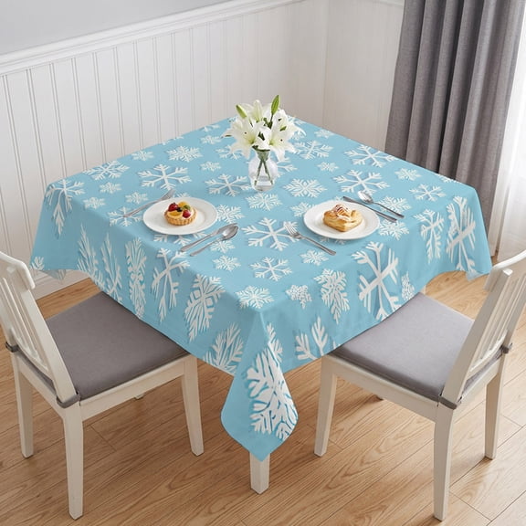 Christmas Snowflakes Table Cloth Waterproof Tablecloths, Winter Snowflake Xmas Snows Blue Tablecloth Dining Table Cover for Kitchen Party Tabletop Outdoor, Square Tablecloth 60x60 Inch