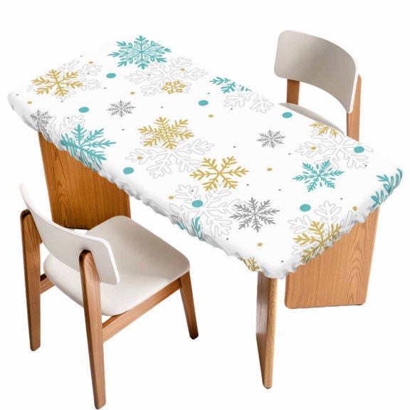 Christmas Snowflakes Table Cloths for 3 Foot Rectangle Tables, Winter Xmas Snow Yellow Teal Blue Patio Waterproof Elastic Fitted Tablecloths, Washable Rectangular Table Cover for Camping