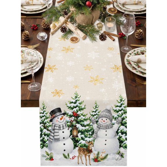Christmas Snowflakes Table Runner 48 Inches Long, Kitchen Dining Table Decoration, Winter Xmas Snowman Pine Trees Beige Coffee Tablerunner Dress Scarves Farmhouse Décor for Party, Holiday, 13 x 48