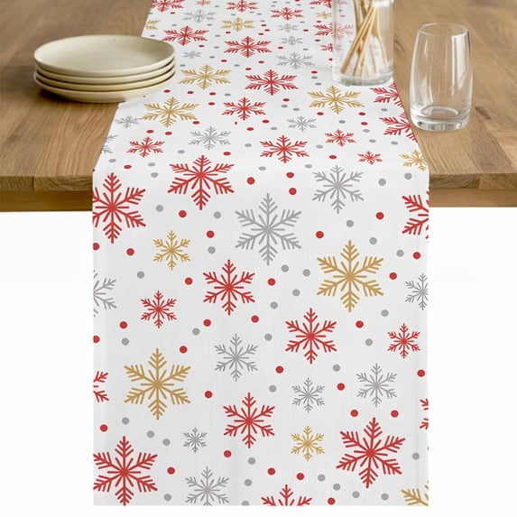 Christmas Snowflakes Table Runner - 90 Inch Long Red Yellow Gray Winter Snowy Cotton and Linen Blended Dress Scarves Farmhouse Table Runner for Kitchen Dining, Coffee Table, 13" x 90"