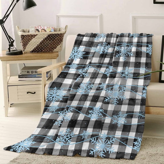 Christmas Snowflakes Throw Flannel Blanket 50x60In Winter Blue Waves Black White Check Texture Super Soft Cozy Bed Blanket, Lightweight Plush Fuzzy Bed Throw for Bedroom Sofa Couch Living Room