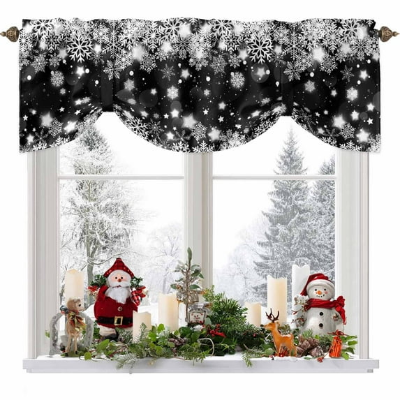 Christmas Snowflakes Tie Up Valances Curtain, Winter Black Background Xmas Adjustable Rod Pocket Short Window Treatment Tie Up Curtains Valances for Kitchen Living Room Bathroom 60x18 Inches