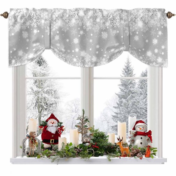 Christmas Snowflakes Tie Up Valances Curtain, Winter Gray Background Xmas Adjustable Rod Pocket Short Window Treatment Tie Up Curtains Valances for Kitchen Living Room Bathroom 42x18 Inches