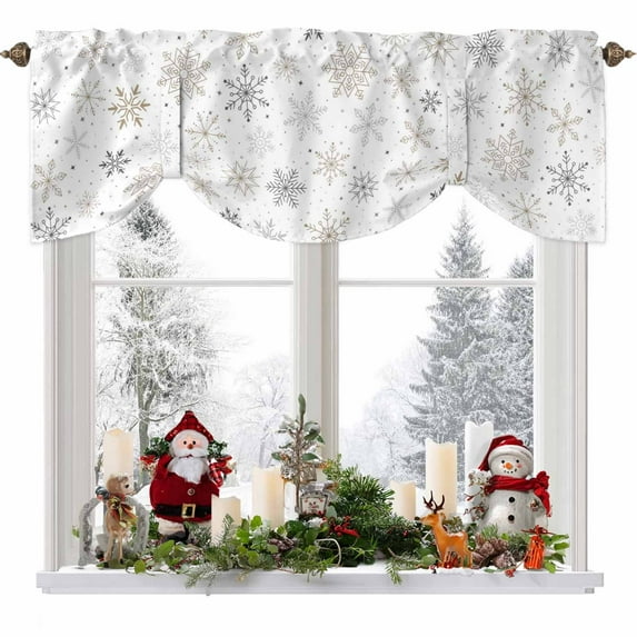 Christmas Snowflakes Tie Up Valances Curtain, Xmas Winter White Background Adjustable Rod Pocket Short Window Treatment Tie Up Curtains Valances for Kitchen Living Room Bathroom 42x18 Inches
