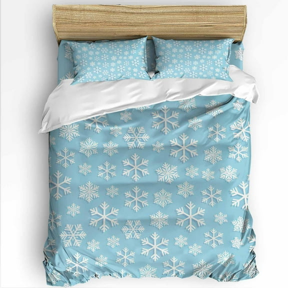 Christmas Snowflakes Twin Size Comforter Set, Blue White Winter Retro Texture Soft Bedding for All Seasons, 4 Pcs Bed Set with 1 Comforter (68"x86") ,1Sheet(66"x116"), 2 Pillowcases (19"x29")
