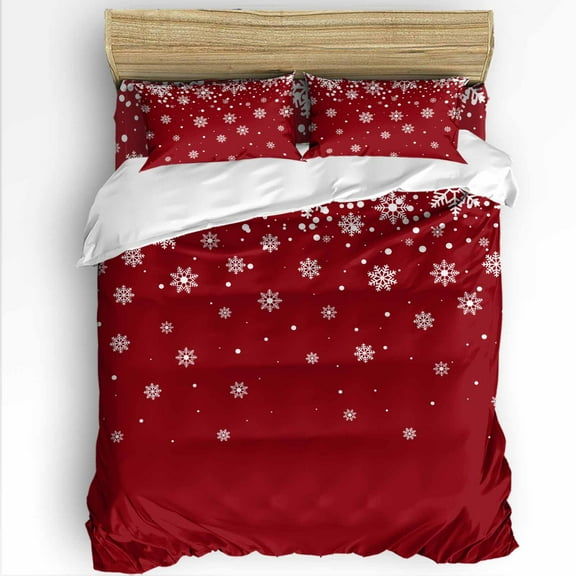 Christmas Snowflakes Twin Size Comforter Set, Fantasy Winter Snowflake Snow Red Bedding for All Seasons, 4 Pcs Bed Set with 1 Comforter (68"x86") ,1Sheet(66"x116"), 2 Pillowcases (19"x29")