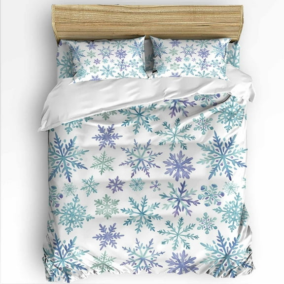 Christmas Snowflakes Twin Size Comforter Set, Purple Green Snowflakes Winter Xmas Soft Bedding for All Seasons, 4 Pcs Bed Set with 1 Comforter (68"x86") ,1Sheet(66"x116"), 2 Pillowcases (19"x29")