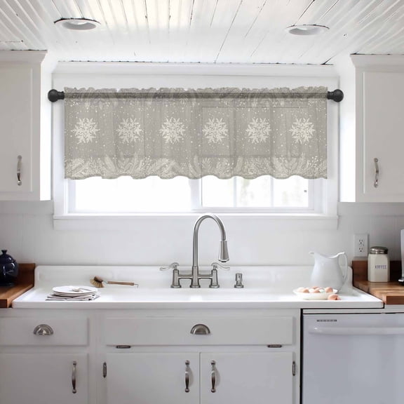 Christmas Snowflakes Valance Curtains for Kitchen/Living Room/Bathroom/Bedroom Window, Winter Xmas Pine Leaf Grey on Linen Rod Pocket Small Topper Half Short Window Curtains Sheer Scarf 42"x18"