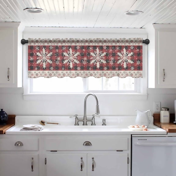 Christmas Snowflakes Valance Curtains for Kitchen/Living Room/Bathroom/Bedroom Window, Xmas Winter Vintage Red Plaid Rod Pocket Small Topper Half Short Window Curtains Voile Sheer Scarf 42"x18"