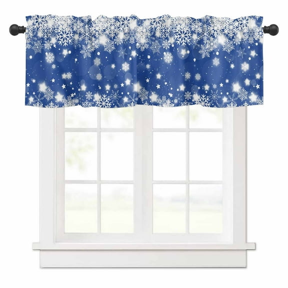 Christmas Snowflakes Valances for Windows Winter Blue Background Xmas Rod Pocket Curtain Valance Window Treatment Short Curtains for Kitchen Living Room, 54"x18"