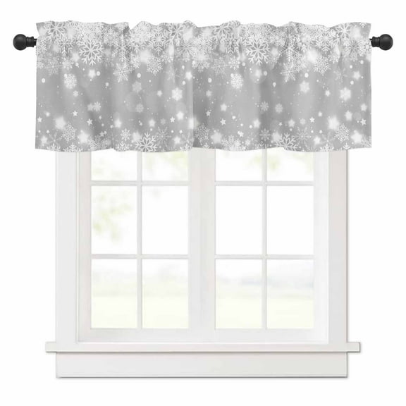 Christmas Snowflakes Valances for Windows Winter Gray Background Xmas Rod Pocket Curtain Valance Window Treatment Short Curtains for Kitchen Living Room, 60"x14"