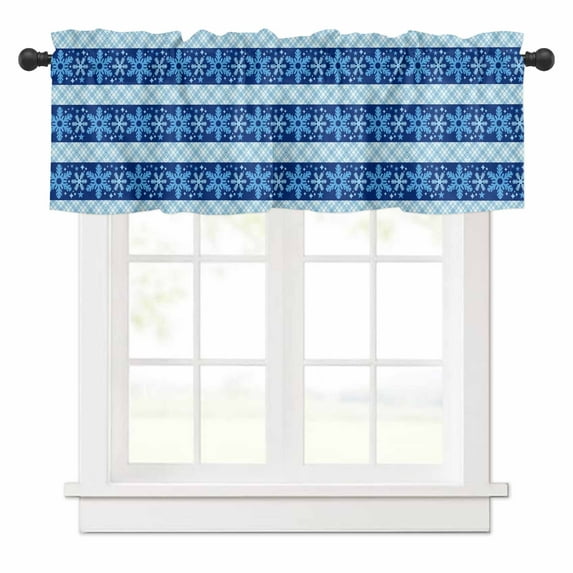 Christmas Snowflakes Valances for Windows Winter Stars Dark Blue Plaid Rod Pocket Curtain Valance Window Treatment Short Curtains for Kitchen Living Room, 42"x12"