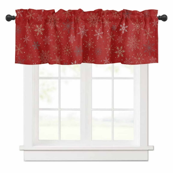 Christmas Snowflakes Valances for Windows Xmas Winter Red Background Rod Pocket Curtain Valance Window Treatment Short Curtains for Kitchen Living Room, 60"x18"