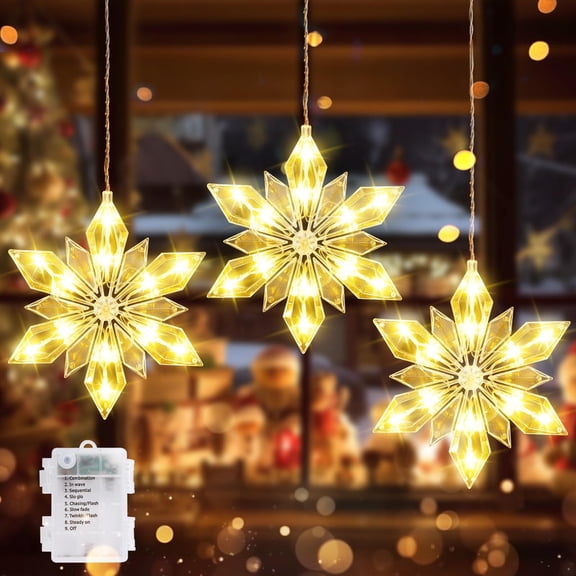 Aship Christmas Snowflake Window Lights, 3 Pack 36 LEDs Diamond Star Hanging Decor, Battery Operated, 8 Lighting Modes, Auto Timer & Memory Function, IP44 Xmas Decor for Windows Home