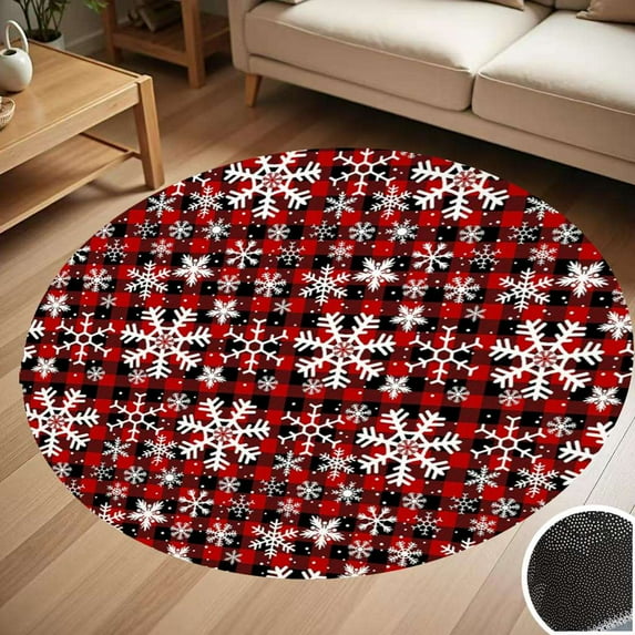 Christmas Snowflakes With Red And Black Buffalo Plaid Pattern Round Carpet Living Room Bedroom Home Decoration Coffee Table Mat Lounge Rug Chair Mats