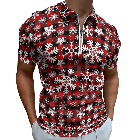 Christmas Snowflakes with Red And Black Buffalo Plaid Pattern Men Zipper T-shirt Summer Casual Short Sleeve T-shirt Top