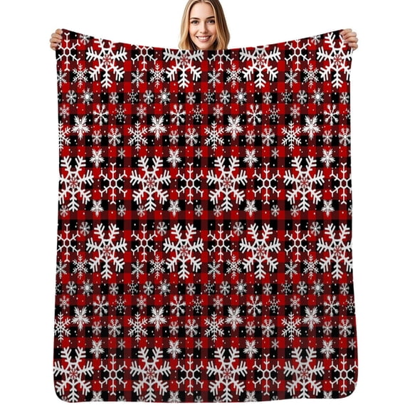 Christmas Snowflakes with Red and Black buffalo Plaid Pattern Flannel Blanket Warm Soft Bedding Throws Winter Camping Chair Sofa Bed
