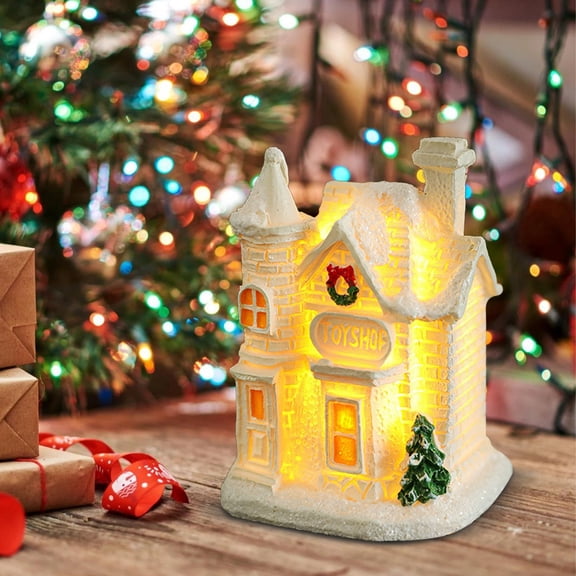 Christmas Snowhouse Decoration,Resin White Glowing Snow Small Desktop Micro Small Ornaments Christmas Cottage Christmas