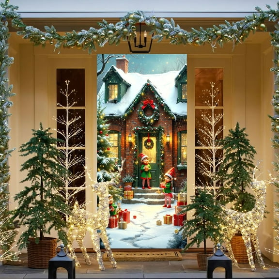 Christmas Snowhouse Elves Door Cover, 35 x 71 inch Elves Friendship Banner, Many Surprise Gifts, Hanging Cloth, Snowy Backdrop, Snowscene Porch Photography Background, Christmas New Year Home Decor