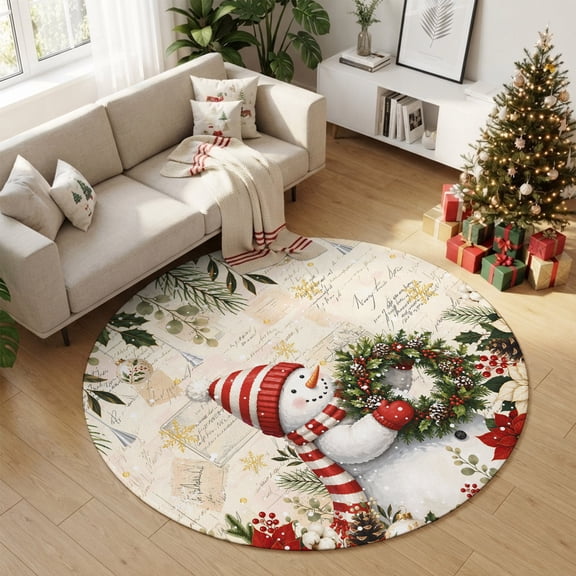 Christmas Snowman 3FT Round Area Rug Shabby Chic Holiday Wreath Floral Cream Small Round Rugs Non-Slip, Ultra-Thin Washable Rug Low Pile Circle Carpet for Bedroom Kitchen Nursery