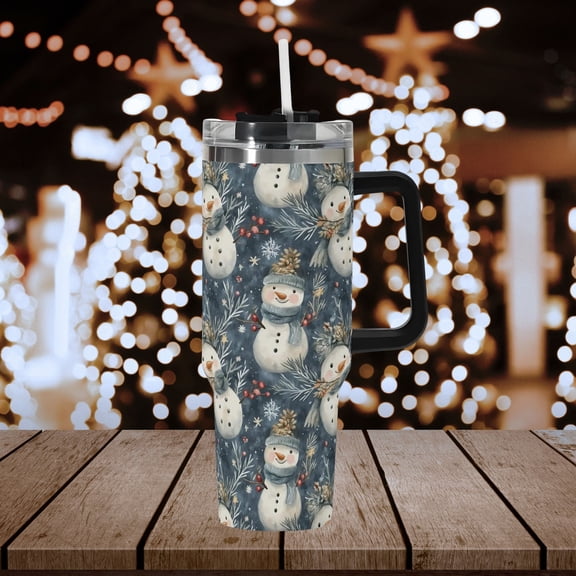 Christmas Snowman 40oz Stainless Steel Tumbler With White Handle and Straw, Snow Winter Holiday Drink Cup, Travel Tumbler, Xmas Tumbler Gift