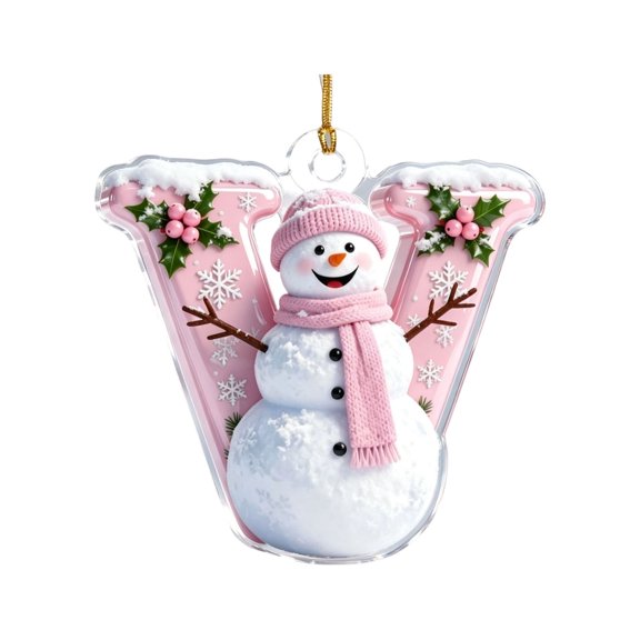 Christmas Snowman Alphabet Ornaments, Pink Acrylic Snowman Letter V Christmas Tree Ornaments for Xmas Tree Gift for Friends