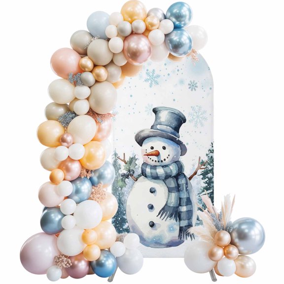 Christmas Snowman Arch Backdrop Cover 6.6x3.3 Ft, Spandex Wedding Arch Stand Cover, Blue Snowflake Xmas Tree Round Top Stretch Fitted Background Covers for Birthday Ceremony Party Decor