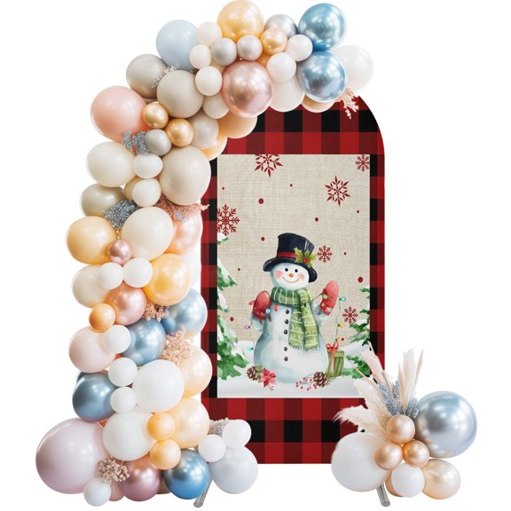 Christmas Snowman Arch Backdrop Cover 6.6x3.3 Ft, Spandex Wedding Arch Stand Cover, Xmas Tree Snowflake Rustic Winter Round Top Stretch Fitted Background Covers for Birthday Ceremony Party Decor