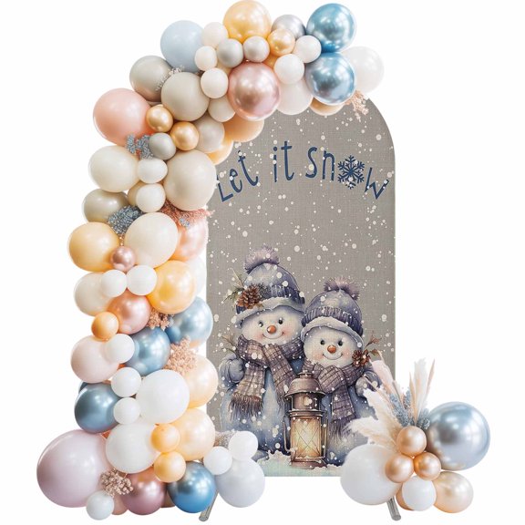 Christmas Snowman Arch Backdrop Cover 6x2.6 Ft, Spandex Wedding Arch Stand Cover, Winter Snowflake Grey Rustic Burlap Round Top Stretch Fitted Background Covers for Birthday Ceremony Party Decor