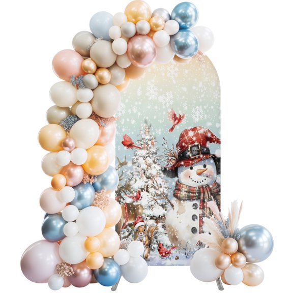 Christmas Snowman Arch Backdrop Cover 7.2x4 Ft, Spandex Wedding Arch Stand Cover, Rainbow Xmas Tree Elk Winter Snowflake Round Top Stretch Fitted Background Covers for Birthday Ceremony Party Decor