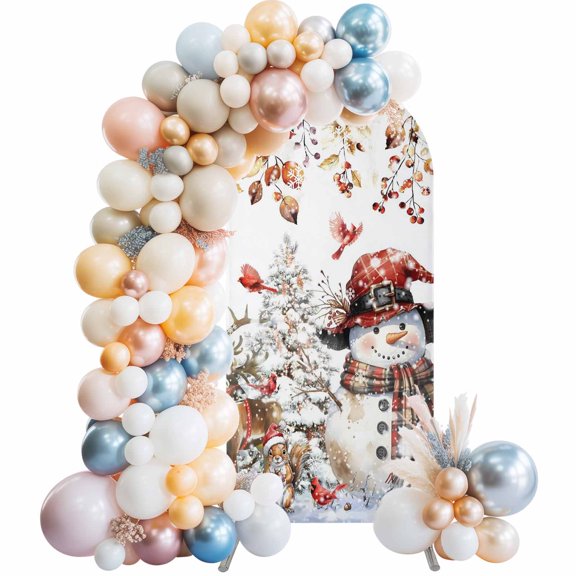 Christmas Snowman Arch Backdrop Cover 7.2x4 Ft, Spandex Wedding Arch Stand Cover, Xmas Snowflake Elk Eucalyptus Leaves Round Top Stretch Fitted Background Covers for Birthday Ceremony Party Decor