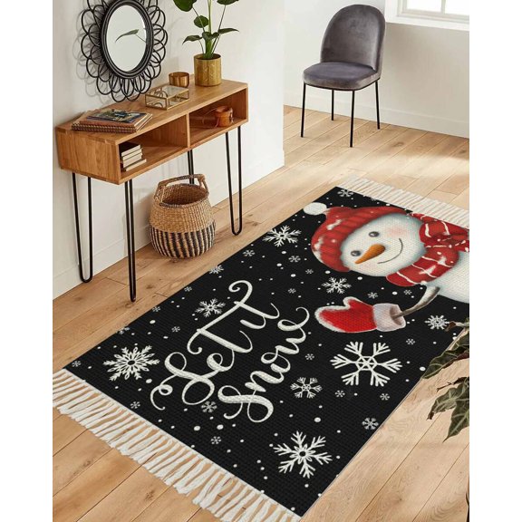 Christmas Snowman Area Rug 3x5ft Woven Runner Rug,Xmas Winter Snowflake Classic Black Washable Living Room Hallway Bedroom Kitchen Carpet with Tassels,Indoor Outdoor Throw Door Mat for Entryway