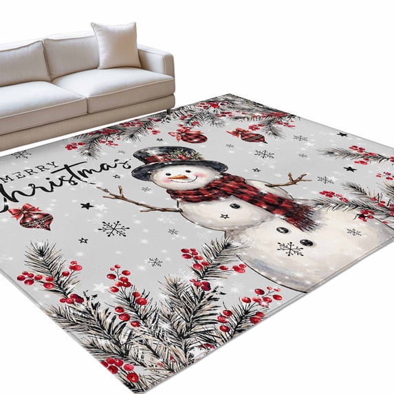 Christmas Snowman Area Rug 8'x10', Red Plaid Scarf Pine Branch Fruit ...