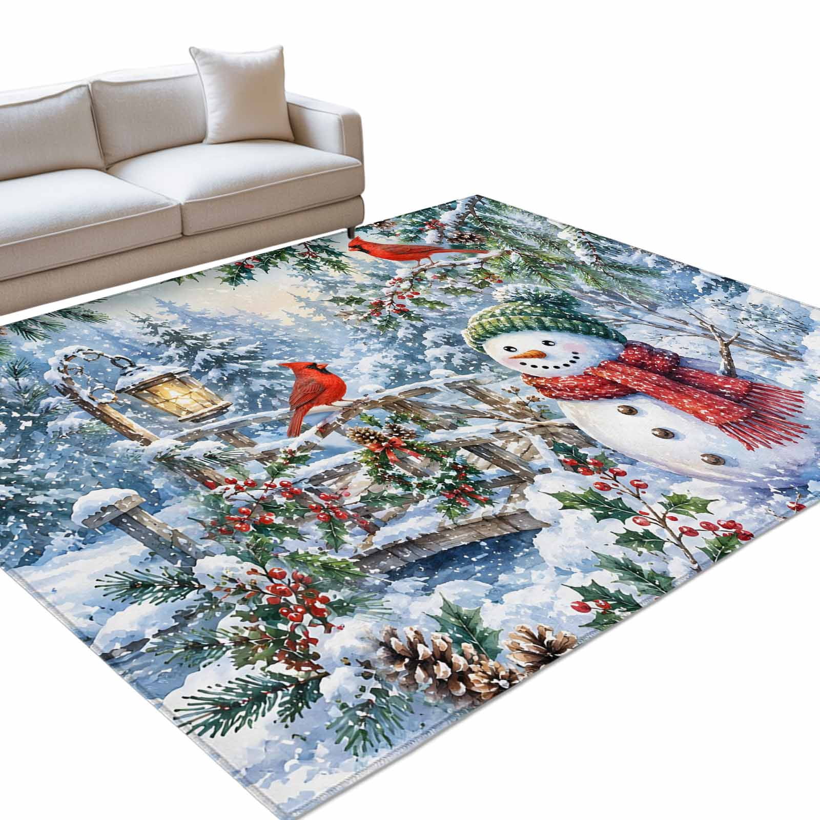 Christmas Snowman Area Rug 8'x10', Winter Country Tree Pine Cone Red ...