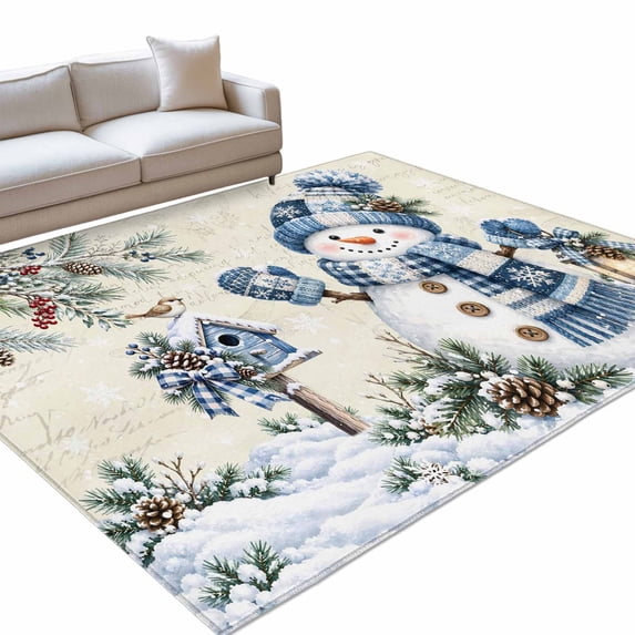 Christmas Snowman Area Rug 9'x12', Winter Farmhouse Blue Birdhouse Bird ...