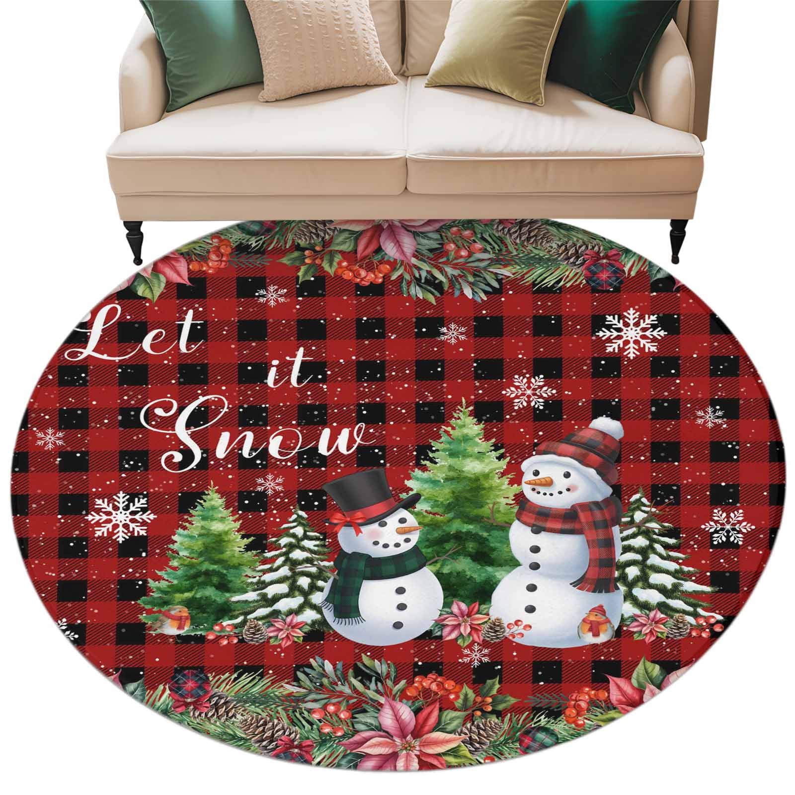 Christmas Snowman Area Rug, Winter Snow Pine Fruit Berries Flowers Red ...