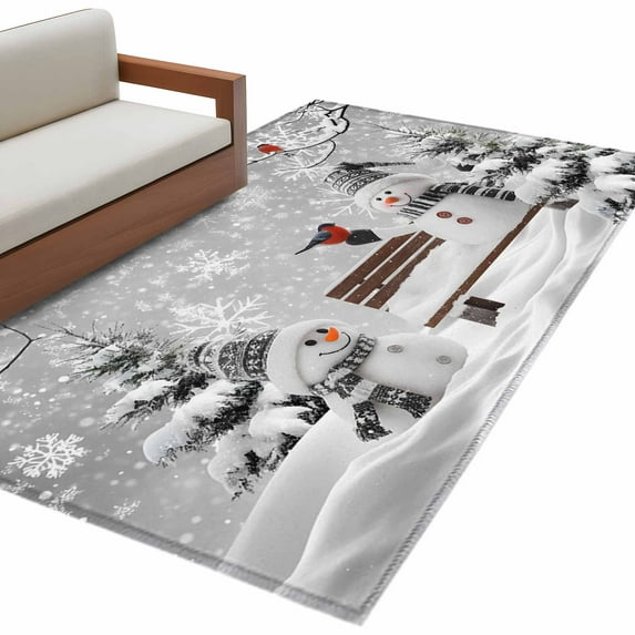 Christmas Snowman Area Rug 2.7x5ft Xmas Tree Snowflake Bird Winter Gray ...