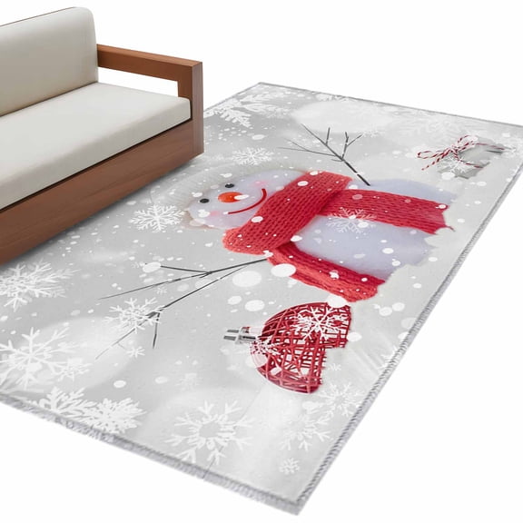 Christmas Snowman Area&nbsp;Rug 3x5ft Xmas Ball Grey Winter Snowflake Scenery Non-Slip&nbsp;Washable Square&nbsp;Rugs Soft Felt Indoor Floor Mat for Bedroom Kitchen Living Room Bathroom