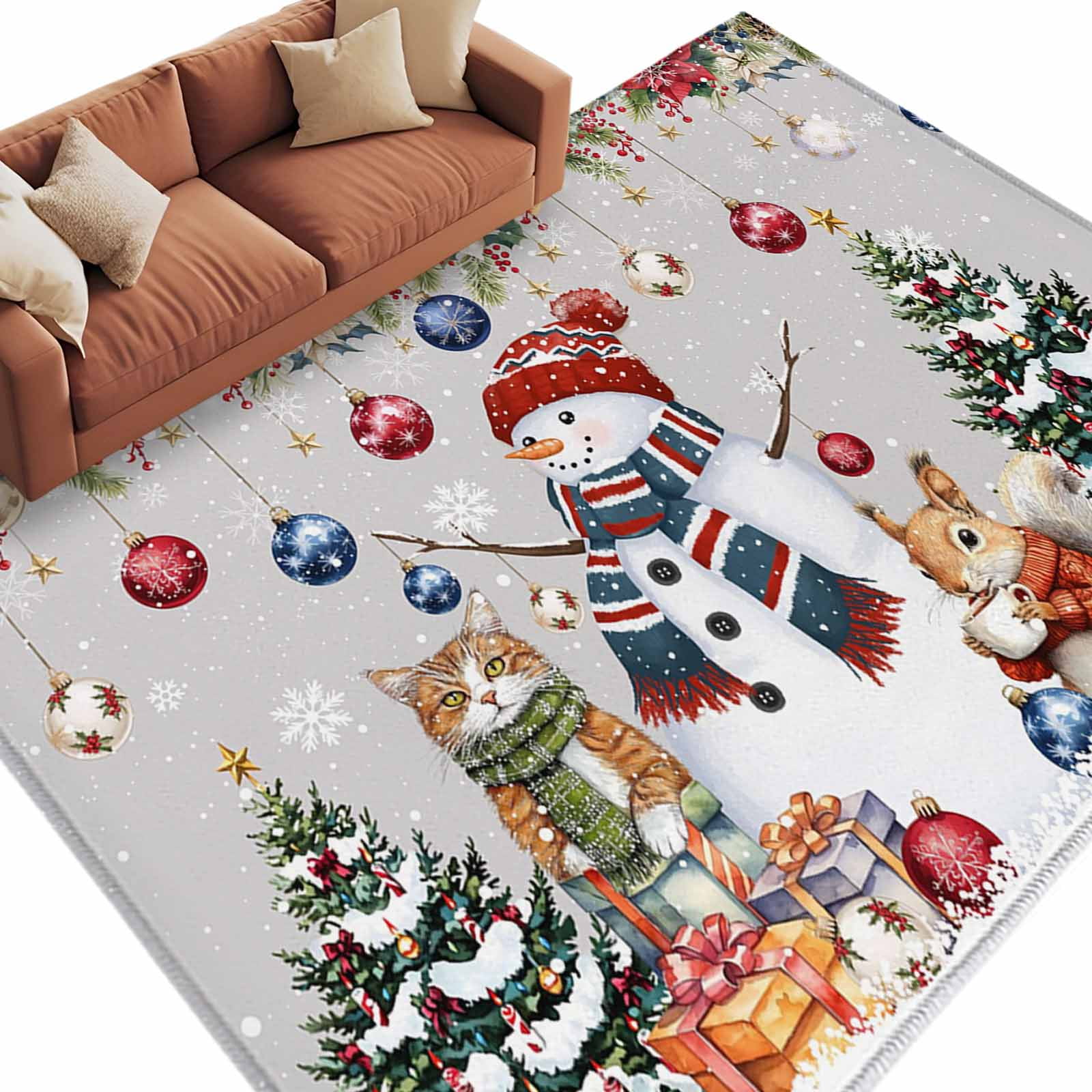 Christmas Snowman Area Rug 5x7ft Squirrel Cat Xmas Tree Ball Gray ...