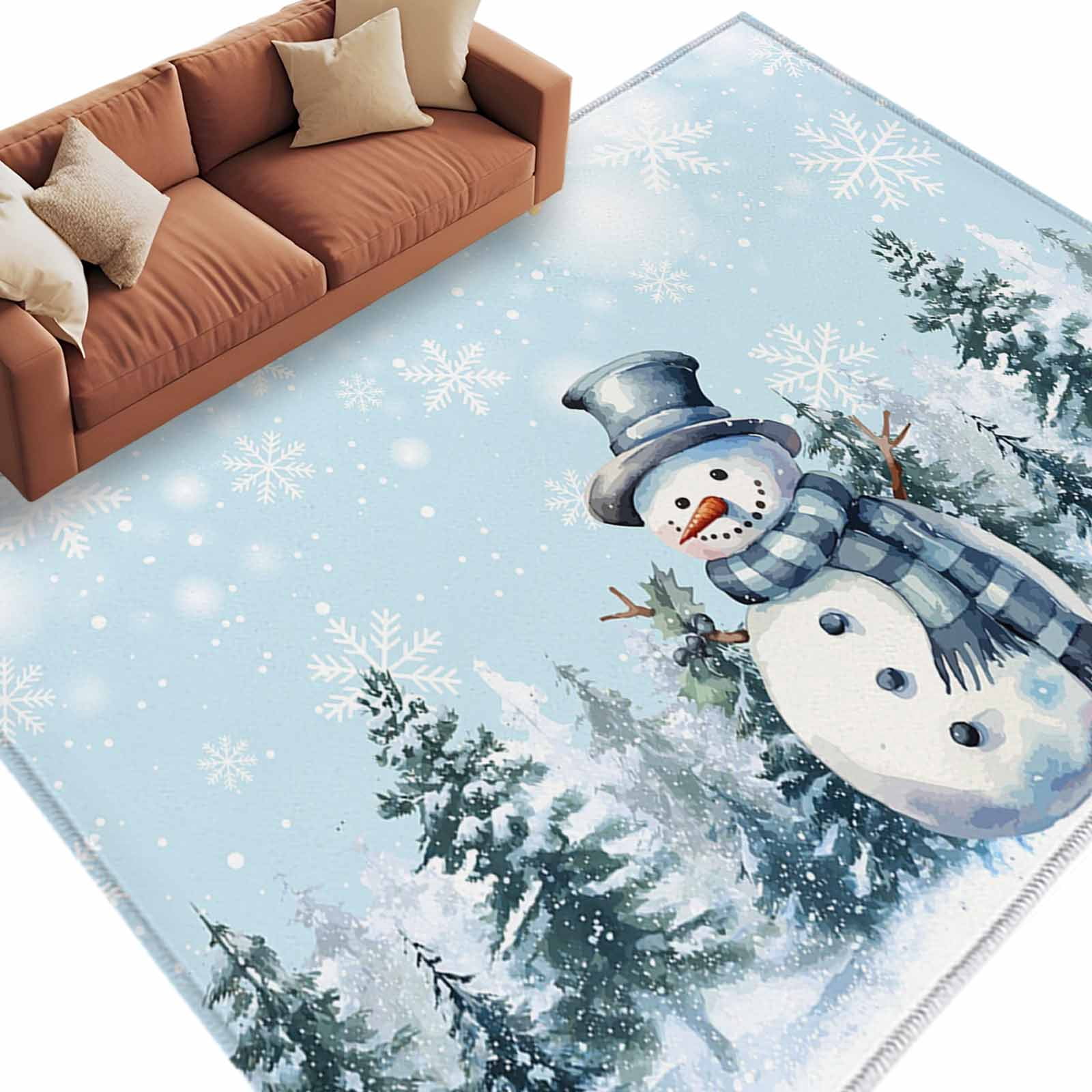 Round Blue Snowflake Rug Christmas Snowman Area Rug 5x7ft Winter Tree Snowflakes Blue White Non ...