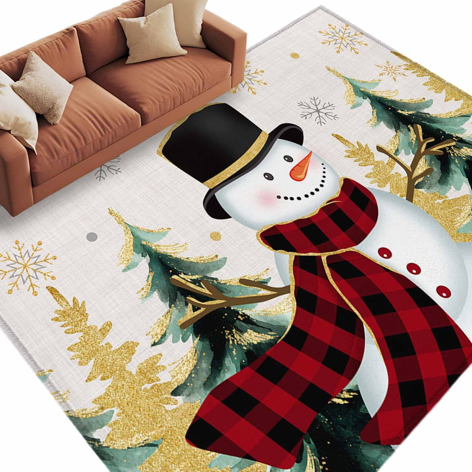 Christmas Snowman Area Rug 5x8ft Xmas Tree Gold Snowflakes Linen ...