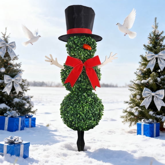 Christmas Snowman with Arms Topiary 32 Inchs Artificial Snowman Shaped Topiary Tree With Red Bow Santa Hat Faux Plants For Outdoor Indoor Home Porch Decor Festive