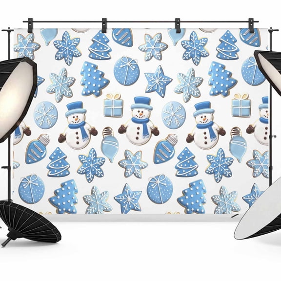 Christmas Snowman Backdrop for Photography,Fabric Photo Background Backdrop,Winter Snowflakes Xmas Tree Gingerbread Blue Photo Booth Background for Portrait Photoshoot Wedding Studio Banner 7x5ft