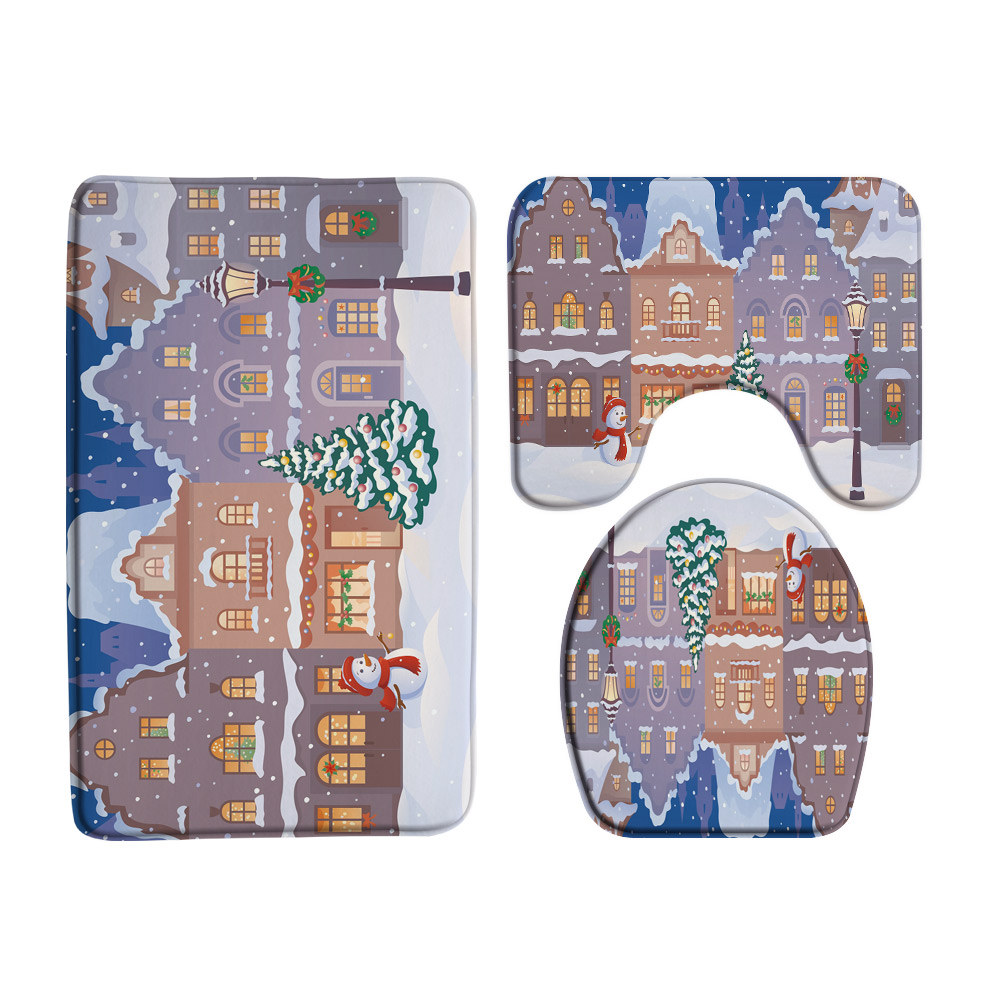 Christmas Snowman Bath Mat Set Xmas Tree Ball Hat Gift Box Winter