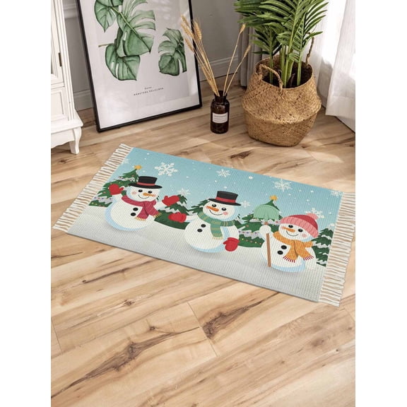 Christmas Snowman Bath Rug 2x3ft Woven Bathroom Entryway Runner Rug,Teal Blue Xmas Tree Winter Snowflakes Washed Living Room Hallway Bedroom Kitchen Carpet with Tassels,Indoor Outdoor Throw Doormat