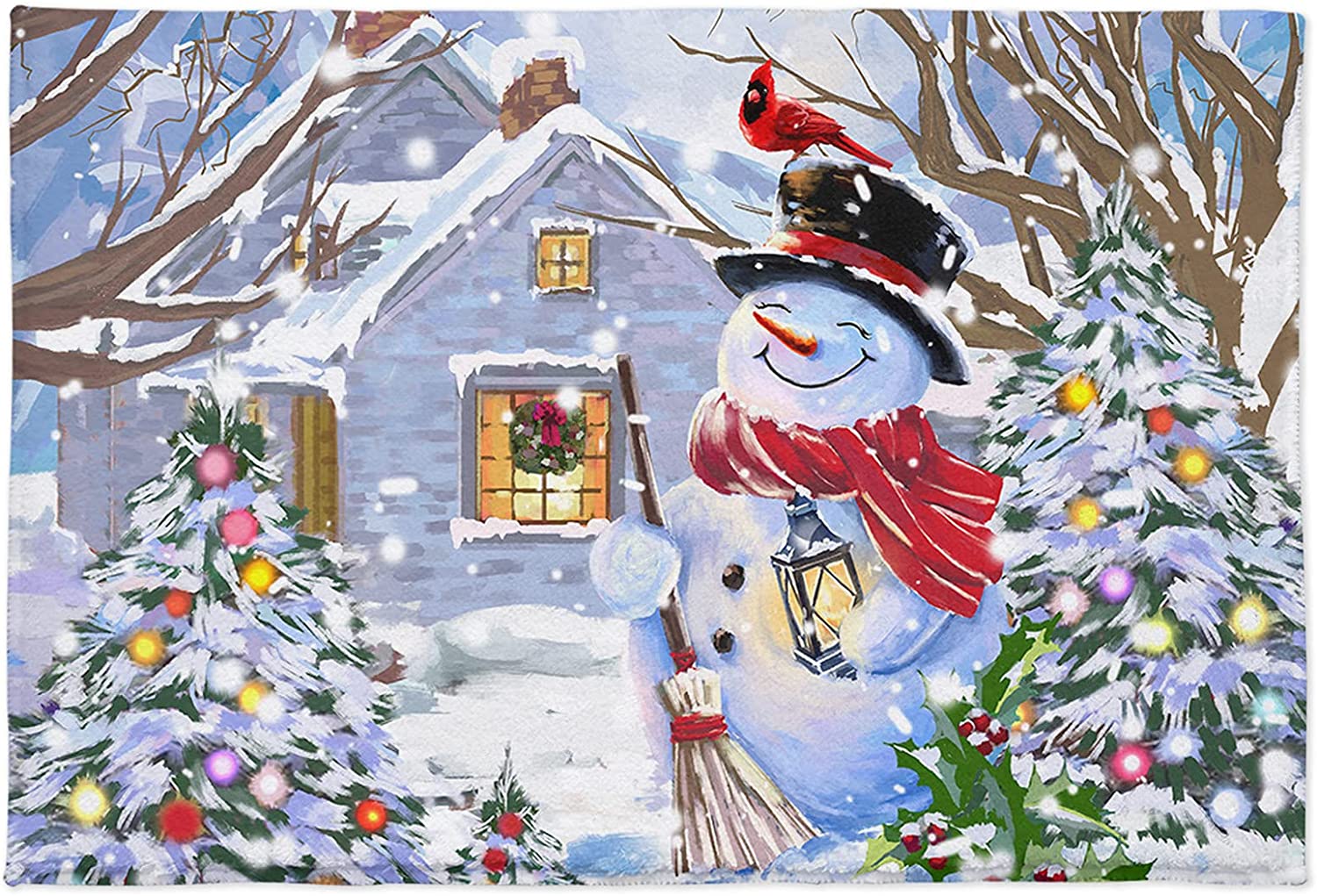 Christmas Snowman Bath Rug,Winter Snow Tree Doormat Fluffy Shag Area