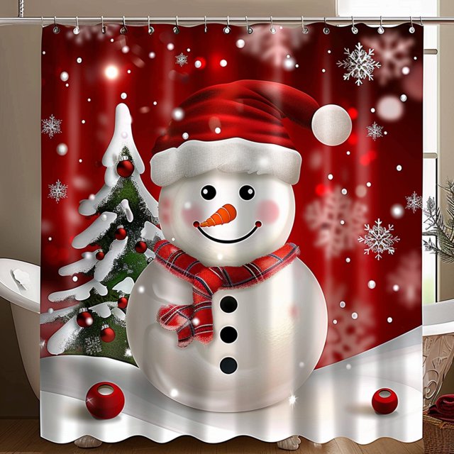 Christmas Snowman Bathroom Decor Shower Curtain Festive Red & White