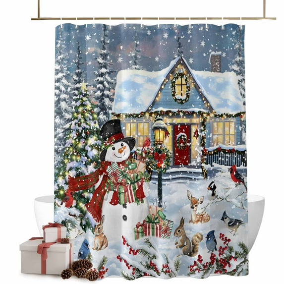 Christmas Snowman Bathroom Shower Curtain House Xmas Tree Winter Deer Rabbit Snowflake Waterproof Washable Shower Curtains for Bathtub Bath Decor with Grommets and Hook 72 X 72 Inch
